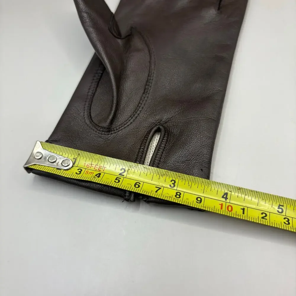 VTG Leather Gloves Sz 7 Brown Knit Fabric‎ Lined Unbranded Braided Embellished